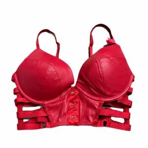 90s/Y2K European Vintage Escora Faux Leather Cage Longline Corset Bra (Red) 34C